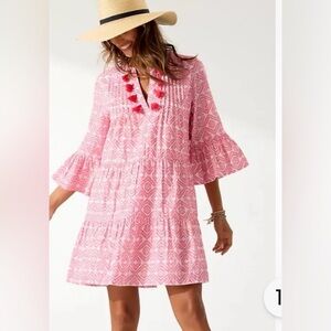 Tommy Bahama Diamond Clip Jacquard 3/4 Bell Sleeve Dress Coral Coast Tassel XS